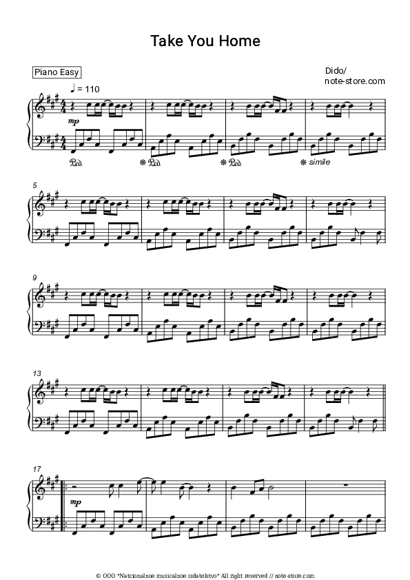 Take You Home - Dido Piano Sheet Music Easy - Piano.Easy