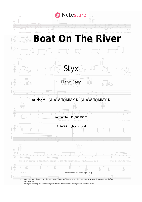 Boat On The River - Styx Piano Sheet Music Easy - Piano.Easy