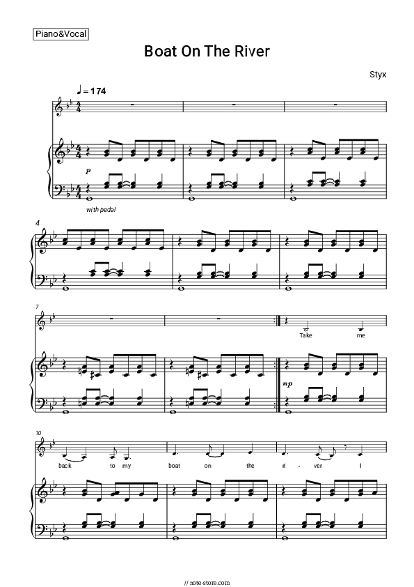 Boat On The River - Styx Piano Sheet Music with the Voice part - Piano&Vocal