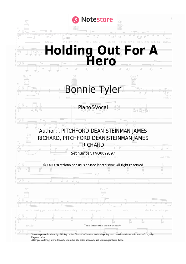 Holding Out For A Hero - Bonnie Tyler Piano Sheet Music with the Voice part - Piano&Vocal