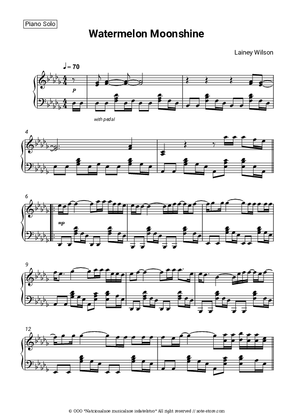 Watermelon Moonshine - Lainey Wilson Piano Sheet Music - Piano.Solo