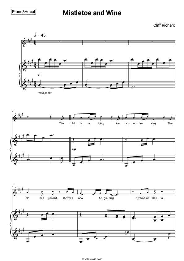 Mistletoe and Wine - Cliff Richard Piano Sheet Music with the Voice part - Piano&Vocal