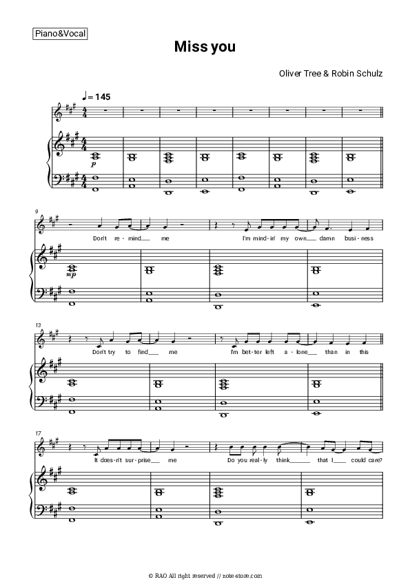 Miss You - Oliver Tree, Robin Schulz Piano Sheet Music with the Voice part - Piano&Vocal