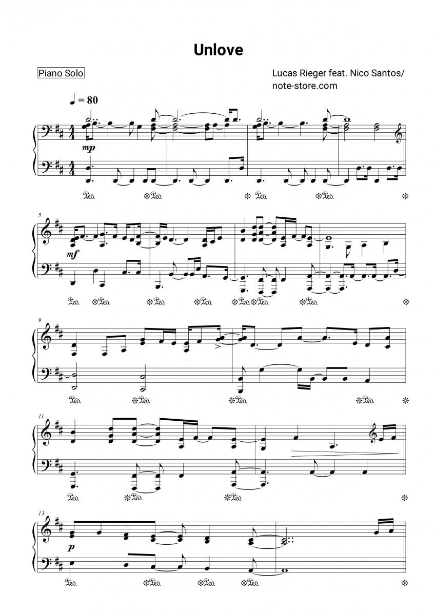 Unlove - Lucas Rieger, Nico Santos Piano Sheet Music - Piano.Solo