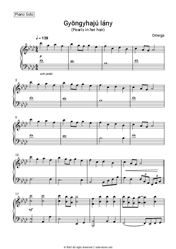 Gyöngyhajú lány (Pearls in her hair) - Omega Piano Sheet Music - Piano.Solo