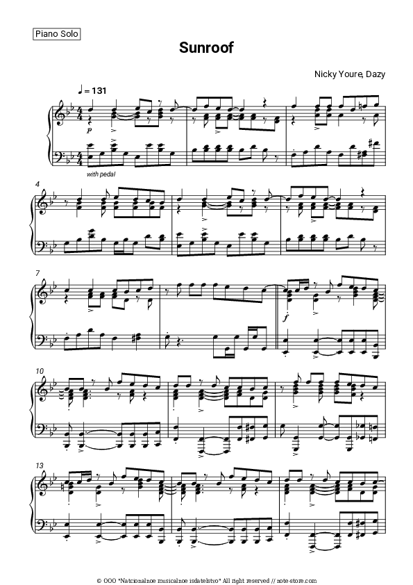 Sunroof - Nicky Youre, Dazy Piano Sheet Music - Piano.Solo