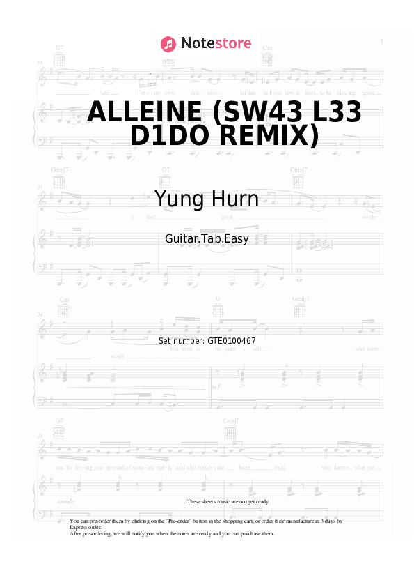 ALLEINE (SW43 L33 D1DO REMIX) - Yung Hurn Tabs Easy - Guitar.Tab.Easy