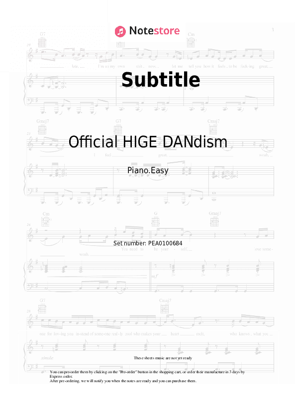 Subtitle - Official HIGE DANdism Piano Sheet Music Easy - Piano.Easy