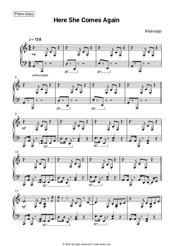 Here She Comes Again - Röyksopp Piano Sheet Music Easy - Piano.Easy