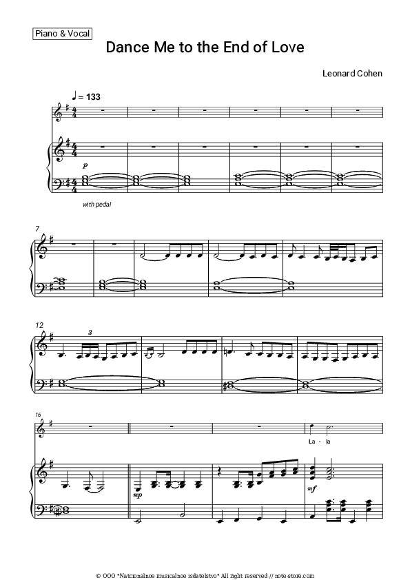 Dance Me to the End of Love - Leonard Cohen Piano Sheet Music with the Voice part - Piano&Vocal