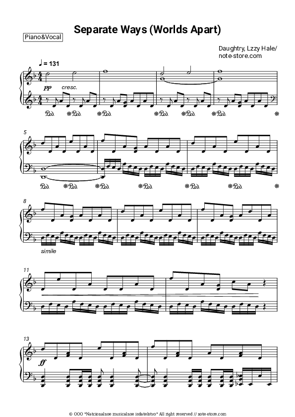 Separate Ways (Worlds Apart) - Daughtry, Lzzy Hale Piano Sheet Music with the Voice part - Piano&Vocal