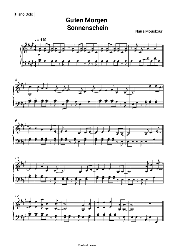Guten Morgen Sonnenschein - Nana Mouskouri Piano Sheet Music - Piano.Solo
