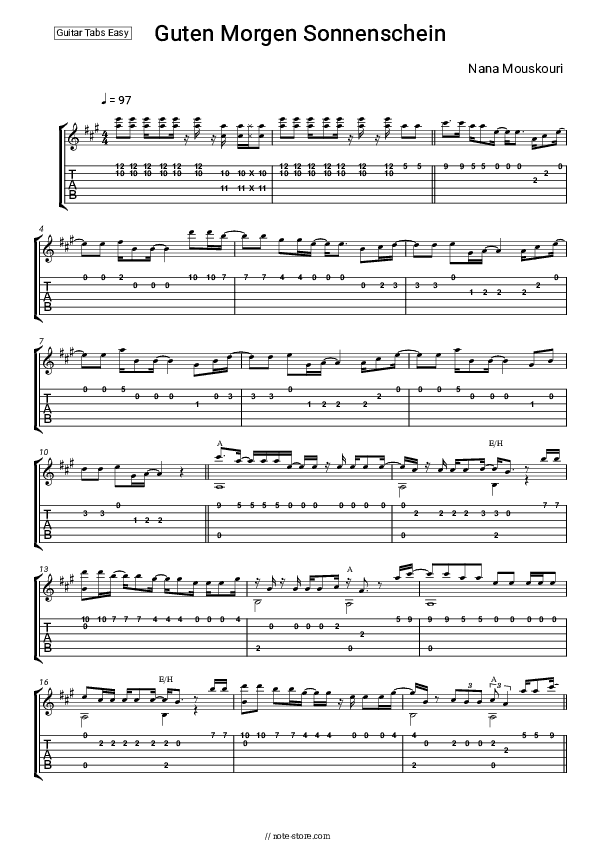 Guten Morgen Sonnenschein - Nana Mouskouri Tabs Easy - Guitar.Tab.Easy