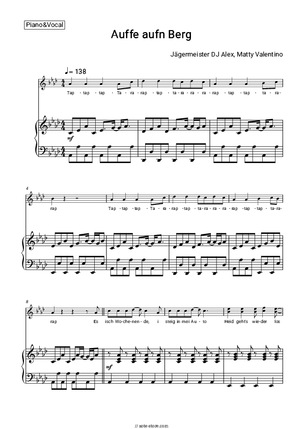 Auffe aufn Berg - Jägermeister DJ Alex, Matty Valentino Piano Sheet Music with the Voice part - Piano&Vocal