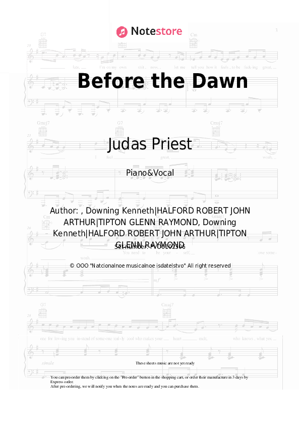 Before the Dawn - Judas Priest Piano Sheet Music with the Voice part - Piano&Vocal