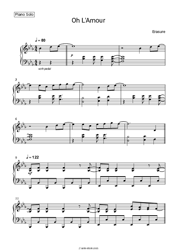 Oh L'Amour - Erasure Piano Sheet Music - Piano.Solo
