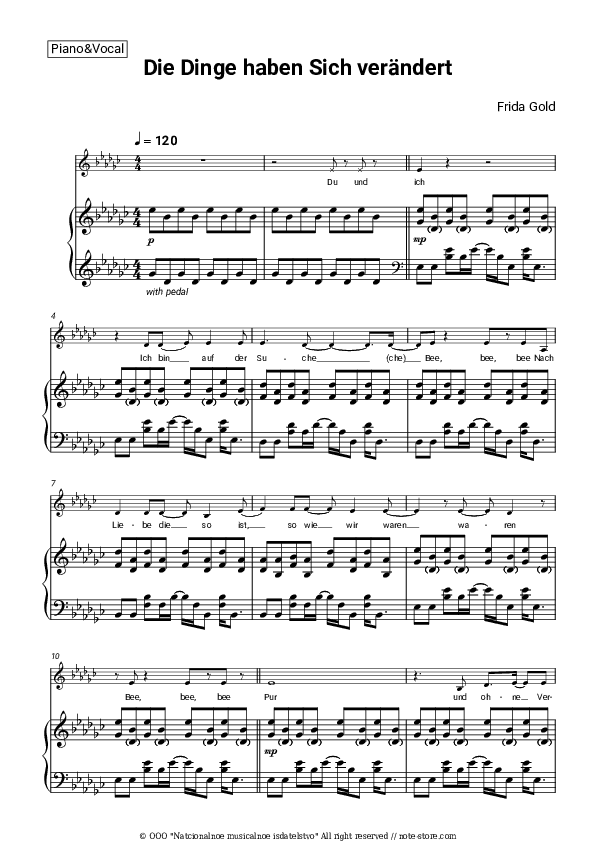 Die Dinge haben sich verändert - Frida Gold Piano Sheet Music with the Voice part - Piano&Vocal