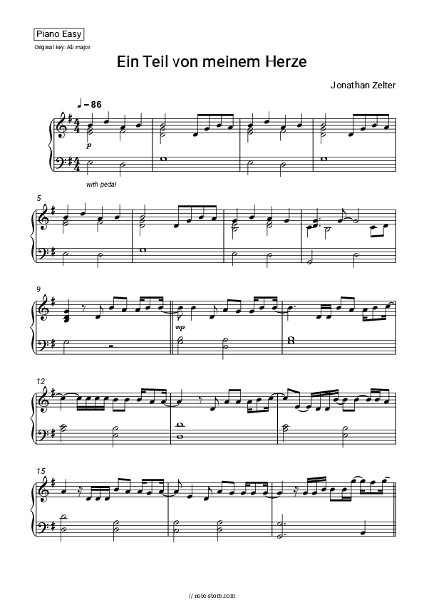 Ein Teil von meinem Herzen - Jonathan Zelter Piano Sheet Music Easy - Piano.Easy
