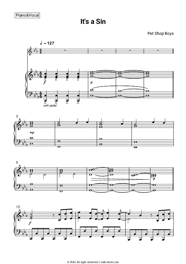 It's A Sin - Pet Shop Boys Piano Sheet Music with the Voice part - Piano&Vocal