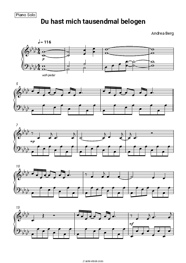 Du hast mich tausendmal belogen - Andrea Berg Piano Sheet Music - Piano.Solo