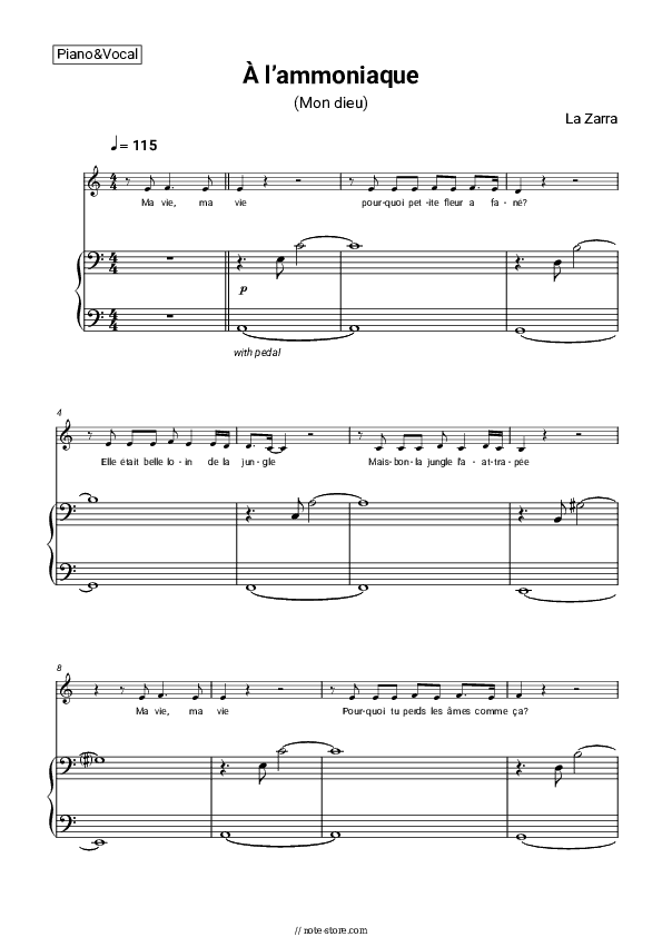À l’ammoniaque / Mon dieu - La Zarra Piano Sheet Music with the Voice part - Piano&Vocal
