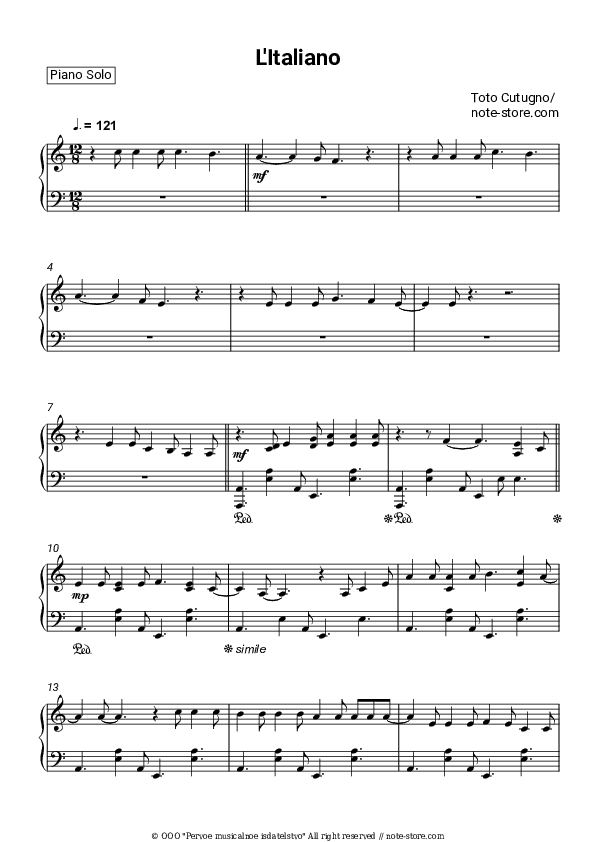 L'italiano - Toto Cutugno Piano Sheet Music - Piano.Solo