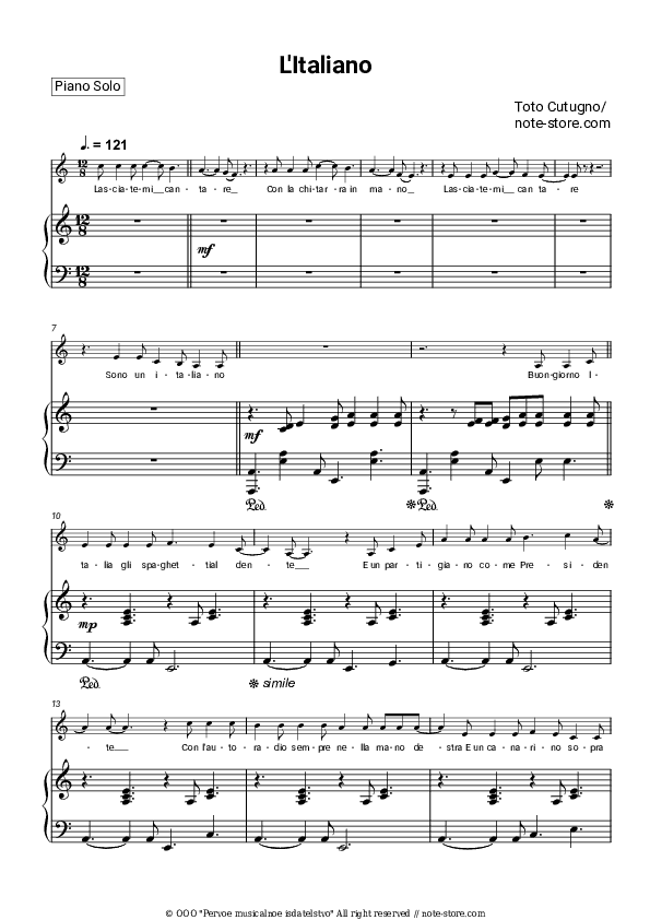 L'italiano - Toto Cutugno Piano Sheet Music with the Voice part - Piano&Vocal