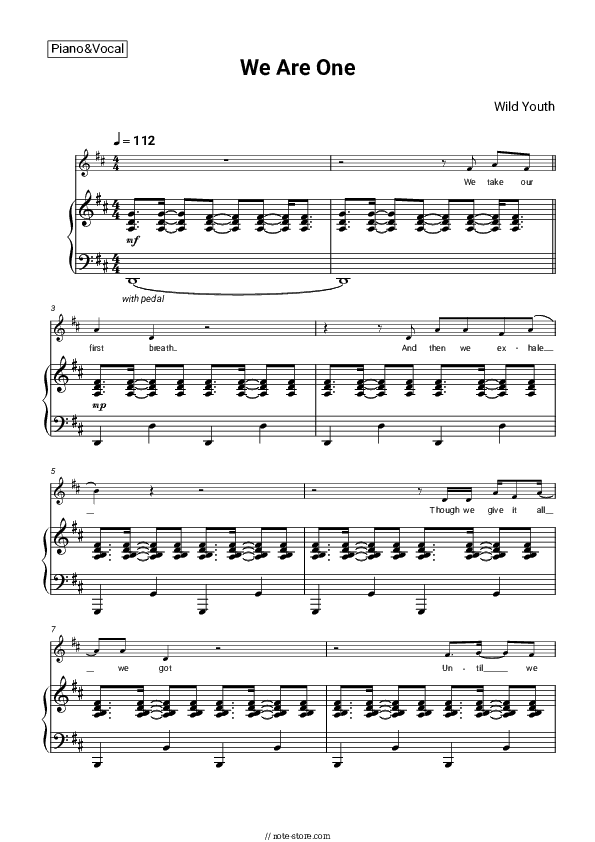 We Are One - Wild Youth Piano Sheet Music with the Voice part - Piano&Vocal