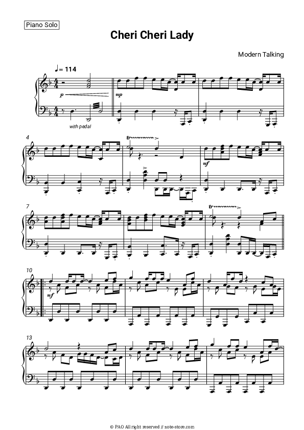 Cheri Cheri Lady - Modern Talking Piano Sheet Music - Piano.Solo