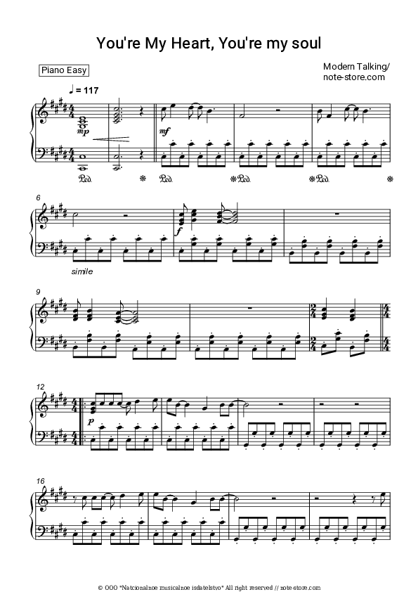 You're My Heart, You're My Soul - Modern Talking Piano Sheet Music Easy - Piano.Easy