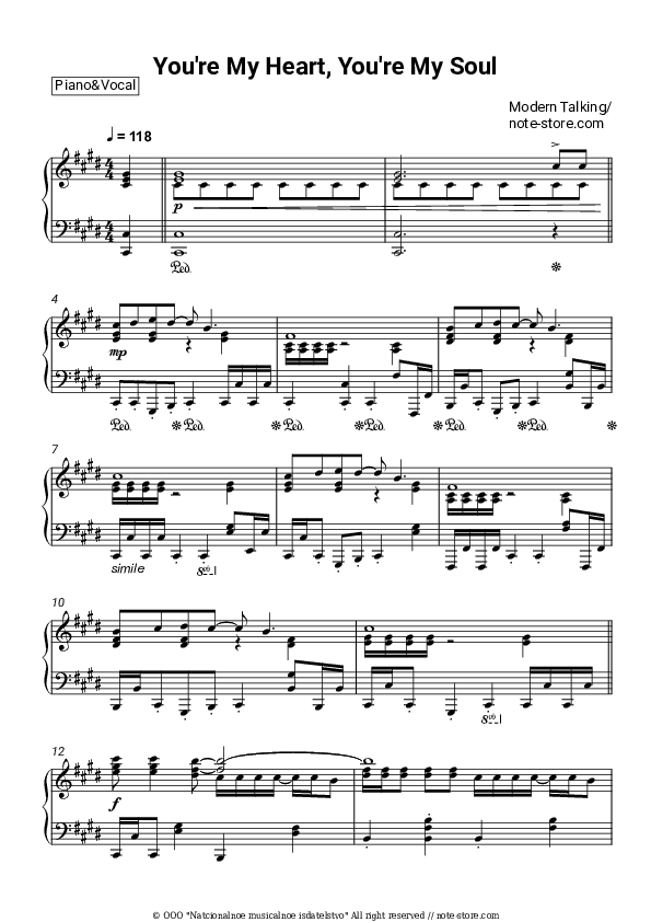 You're My Heart, You're My Soul - Modern Talking Piano Sheet Music with the Voice part - Piano&Vocal