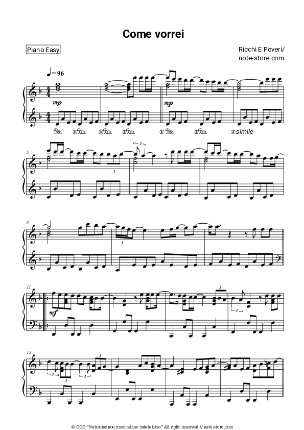 Come vorrei - Ricchi e Poveri Piano Sheet Music Easy - Piano.Easy