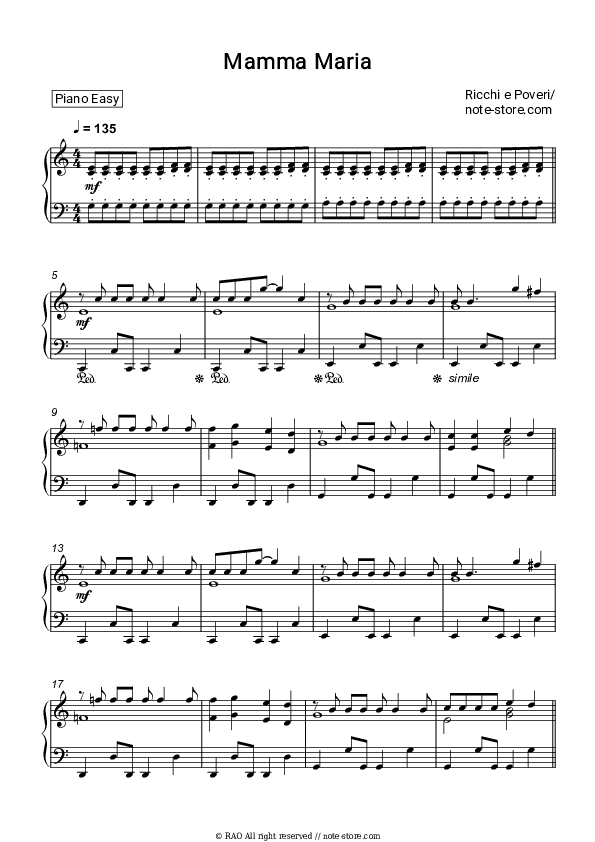 Mamma Maria - Ricchi e Poveri Piano Sheet Music Easy - Piano.Easy