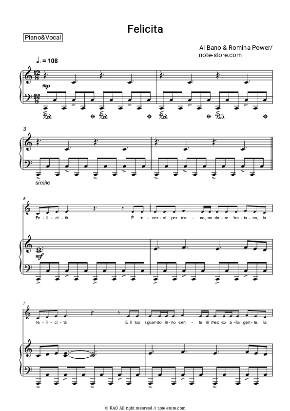 Felicita - Al Bano & Romina Power Piano Sheet Music with the Voice part - Piano&Vocal