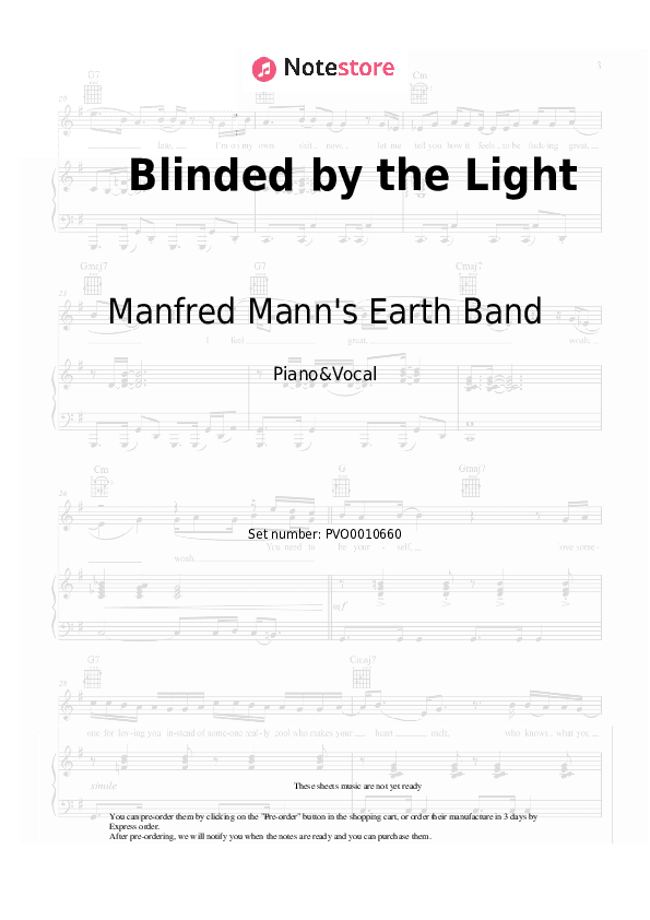 Blinded by the Light - Manfred Mann's Earth Band Piano Sheet Music with the Voice part - Piano&Vocal