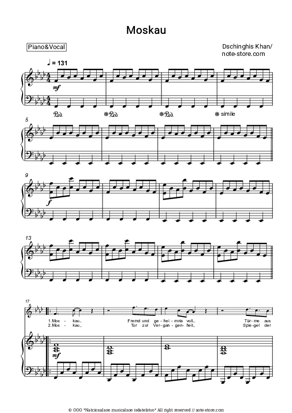 Moskau - Dschinghis Khan Piano Sheet Music with the Voice part - Piano&Vocal