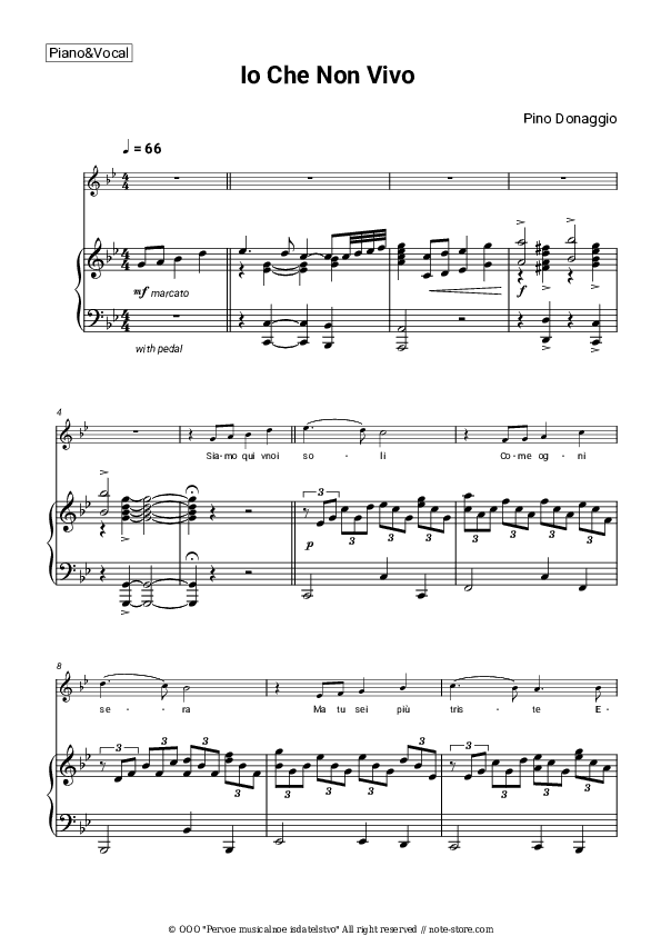 Io Che Non Vivo - Pino Donaggio Piano Sheet Music with the Voice part - Piano&Vocal