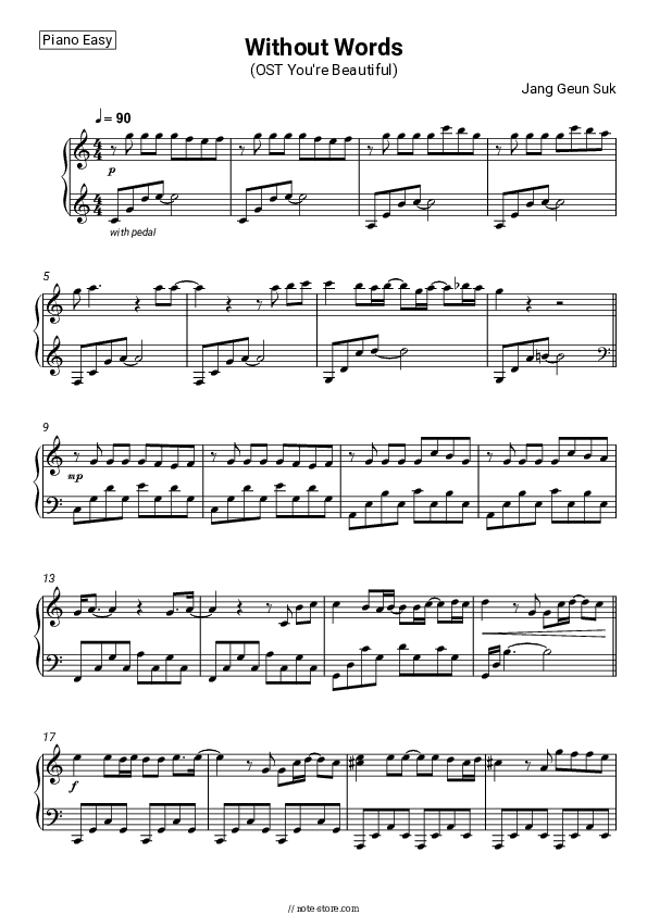 Without Words (OST You're Beautiful) - Jang Geun Suk Piano Sheet Music Easy - Piano.Easy