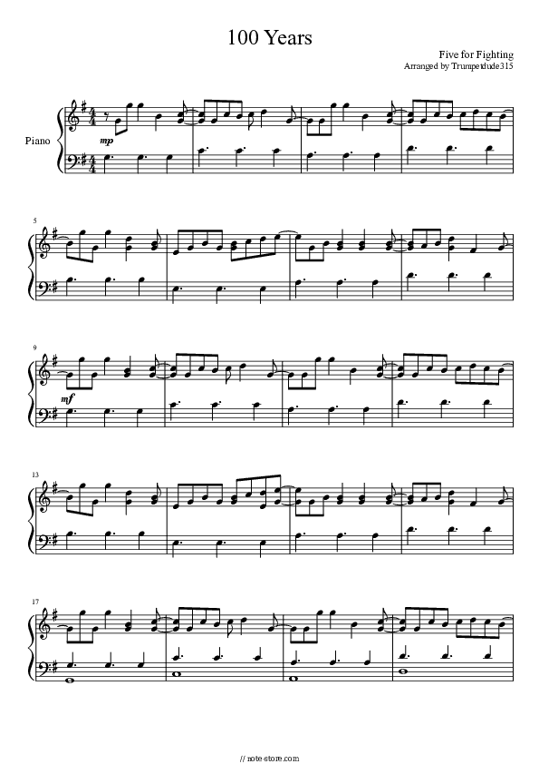 100 Years - Five for Fighting Piano Sheet Music - Piano.Solo