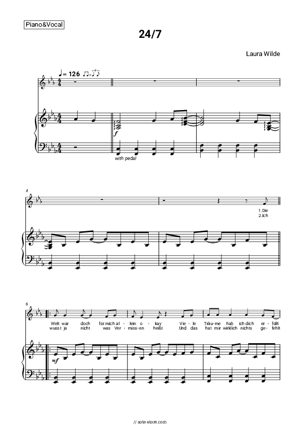 24/7 - Laura Wilde Piano Sheet Music with the Voice part - Piano&Vocal