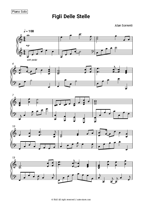 Figli Delle Stelle - Alan Sorrenti Piano Sheet Music - Piano.Solo