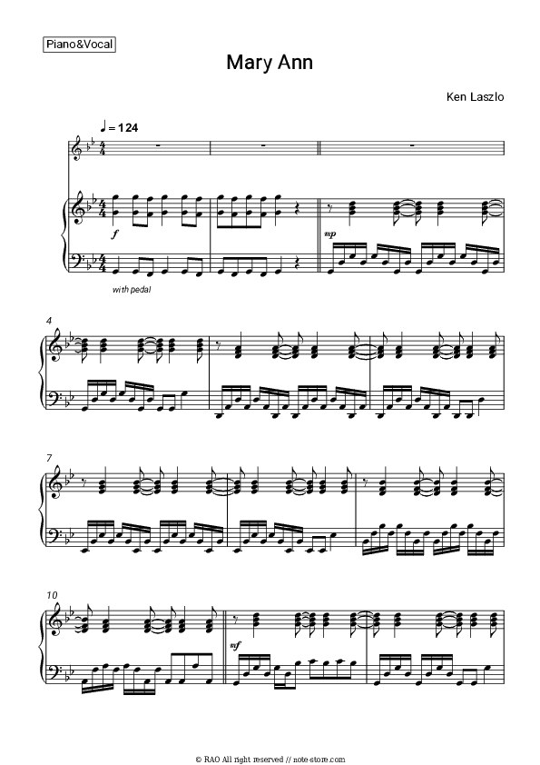 Mary Ann - Ken Laszlo Piano Sheet Music with the Voice part - Piano&Vocal