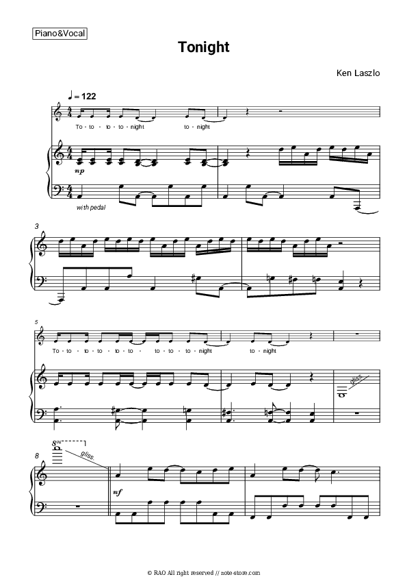 Tonight - Ken Laszlo Piano Sheet Music with the Voice part - Piano&Vocal