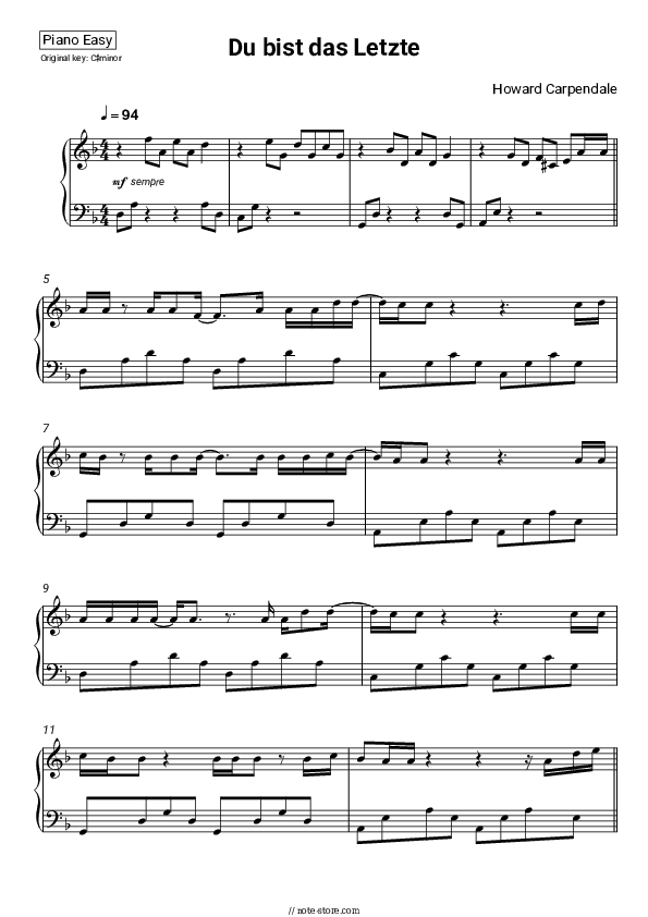 Du bist das Letzte... - Howard Carpendale Piano Sheet Music Easy - Piano.Easy