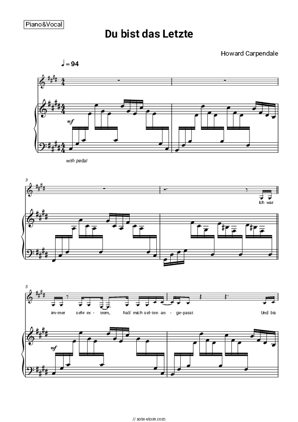 Du bist das Letzte... - Howard Carpendale Piano Sheet Music with the Voice part - Piano&Vocal