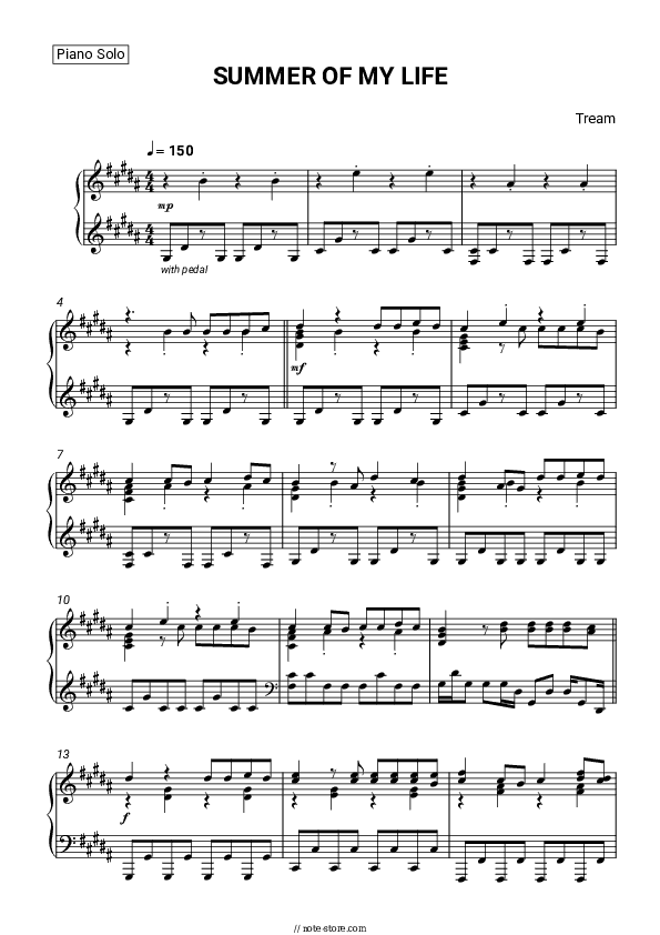 SUMMER OF MY LIFE - Tream Piano Sheet Music - Piano.Solo