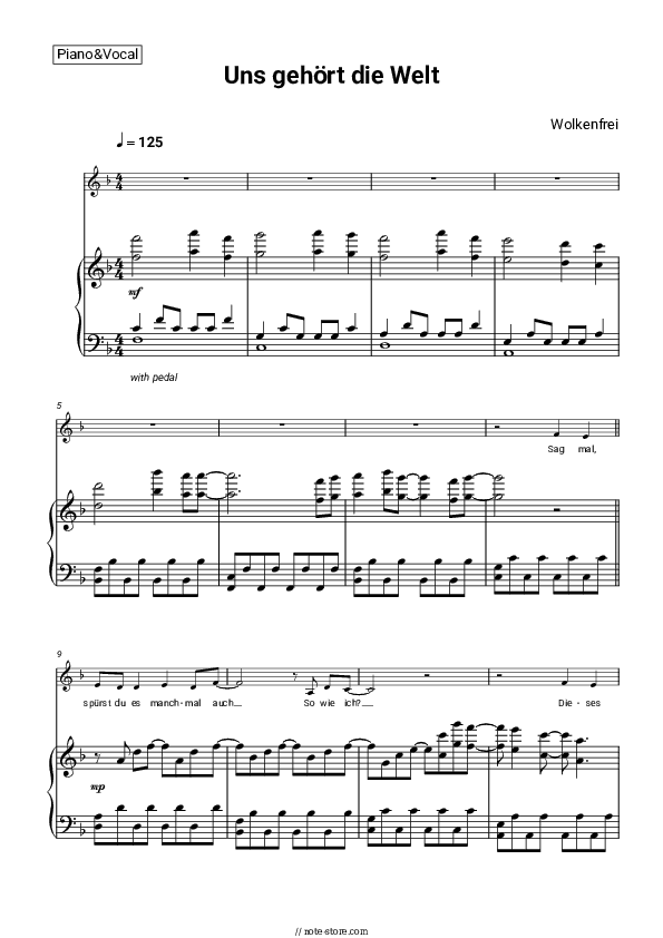Uns gehört die Welt - Wolkenfrei Piano Sheet Music with the Voice part - Piano&Vocal