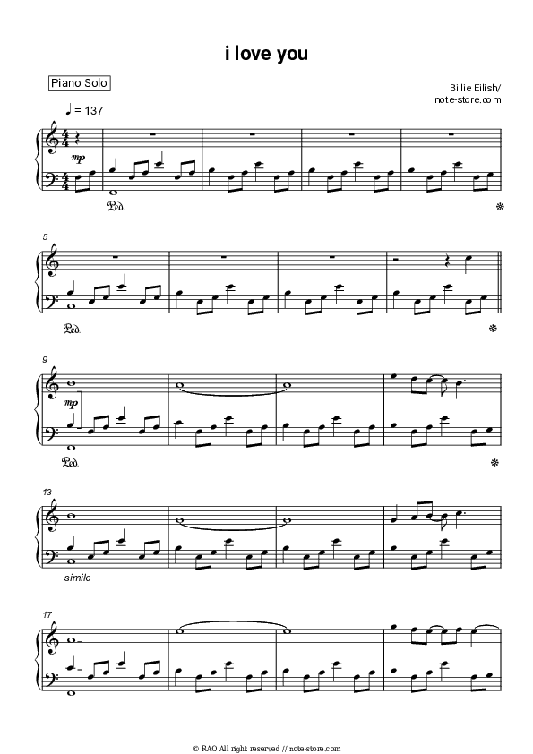 i love you - Billie Eilish Piano Sheet Music - Piano.Solo