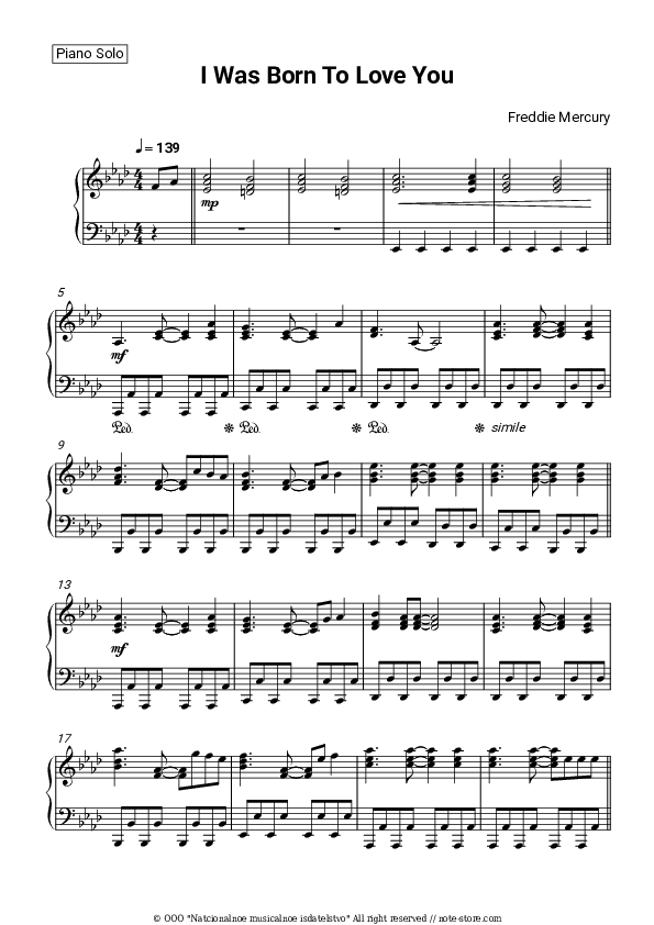 I Was Born To Love You - Freddie Mercury Piano Sheet Music - Piano.Solo