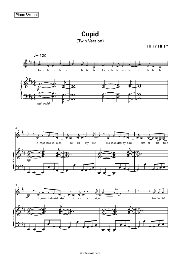 Cupid (Twin Version) - FIFTY FIFTY Piano Sheet Music with the Voice part - Piano&Vocal